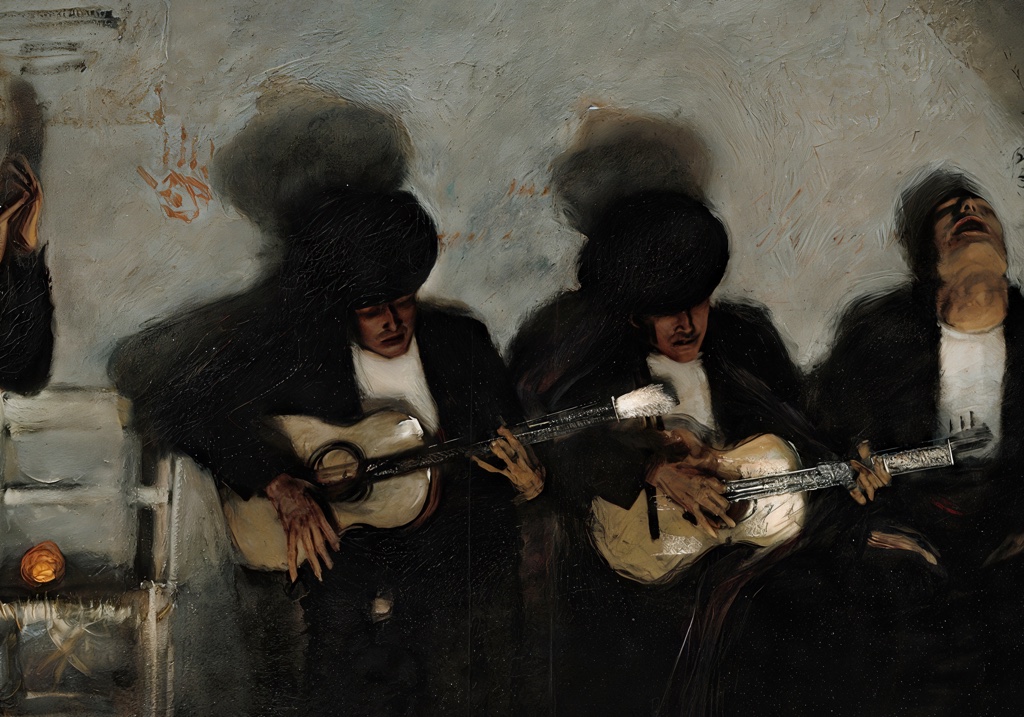 Seated guitarists in El Jaleo